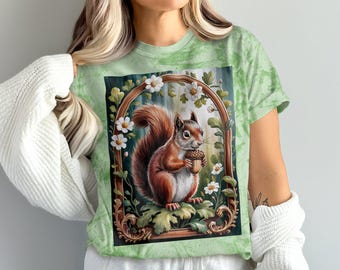 Söt ekorre-T-shirt, Vintage natur-T-shirt, Djurälskare-Gift, Skogsdjur, Illustrerad Skogsdjur, Ekollonälskande Ekorre