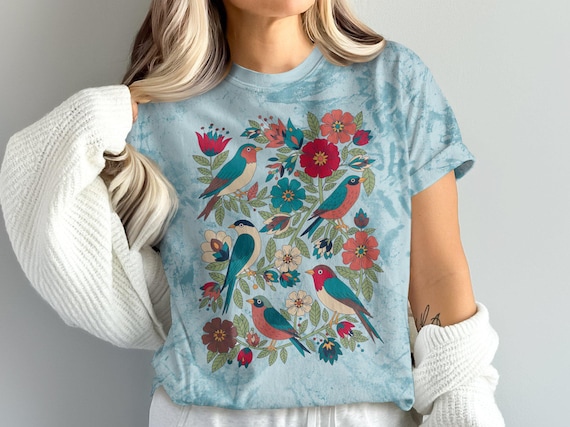 Artistic Birds and Flowers Scandinavian Folk Art Cottagecore T-Shirt, Colorful Nature Inspired Tee, Whimsical Bird Design Shirt,