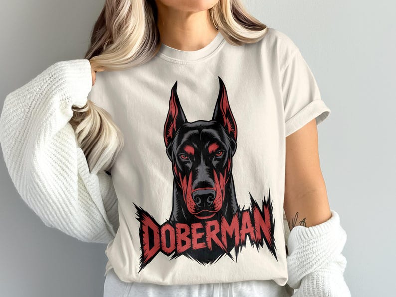 Doberman graphic t-shirt, cool dog lover tee, unique dog breed shirt, edgy streetwear, bold Doberman apparel, gift for dog owners