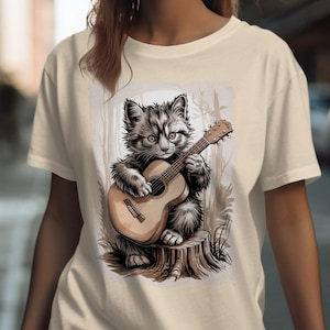 Cute Guitar Playing Cat T-Shirt, Adorable Cat with Guitar Graphic Tee, Perfect Gift for Cat Lovers, Unique Cat Art Shirt