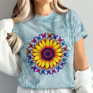 Sunflower and Butterflies Graphic Tee, Colorful Floral Sunflower T-Shirt, Vibrant Butterfly Sunflower Shirt, Summer Casual Top