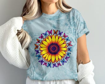 Sunflower and Butterflies Graphic Tee, Colorful Floral Sunflower T-Shirt, Vibrant Butterfly Sunflower Shirt, Summer Casual Top