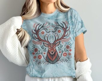 Deer Antler Scandinavian Folk Art Cottagecore Floral Design T-Shirt, Nature Inspired Stag Shirt, Scandi Art, Artistic Woodland Apparel