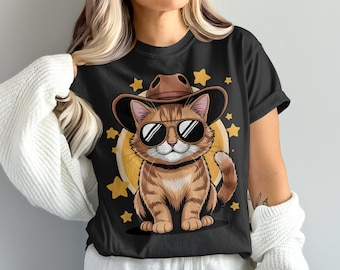 Cowboykatt-t-shirt, cool katt med hatt, westernkatt-t-shirt, kattälskare-present, djur-t-shirt, trendig t-shirt