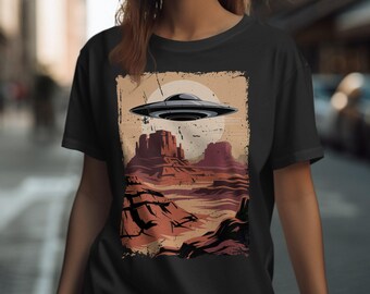 UFO T-Shirt, Desert Landscape Tee, Alien Invasion Shirt, Distressed Sci-Fi Graphic Tee, Retro Space T-Shirts