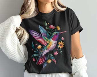 Colorful Hummingbird T-Shirt, Floral Bird Design, Bird Lover Gift, Nature Art Tee, Unique Graphic Tee, Trendy Shirt