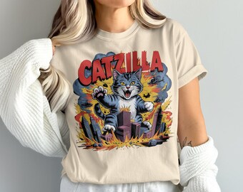 Comfort Colors Catzilla T-Shirt, Cat Lover Gift, Funny Cat Shirt, Catzilla Graphic Tee, Kaiju Cat T-Shirt, Unique Cat Art, Cat Gift