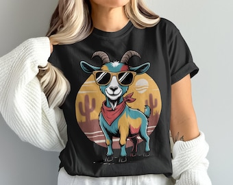 Camiseta de cabra genial, camiseta con gafas de sol, camiseta de animal del desierto, camiseta con gráfico de cabra divertida, estilo western, animal de granja, camiseta única, camiseta unisex