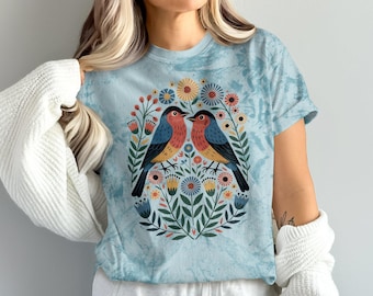 Colorful Bird Scandinavian Folk Art Cottagecore T-Shirt, Floral Birds Design Tee, Nature Inspired Graphic Shirt, Vibrant Bird Art Clothing,