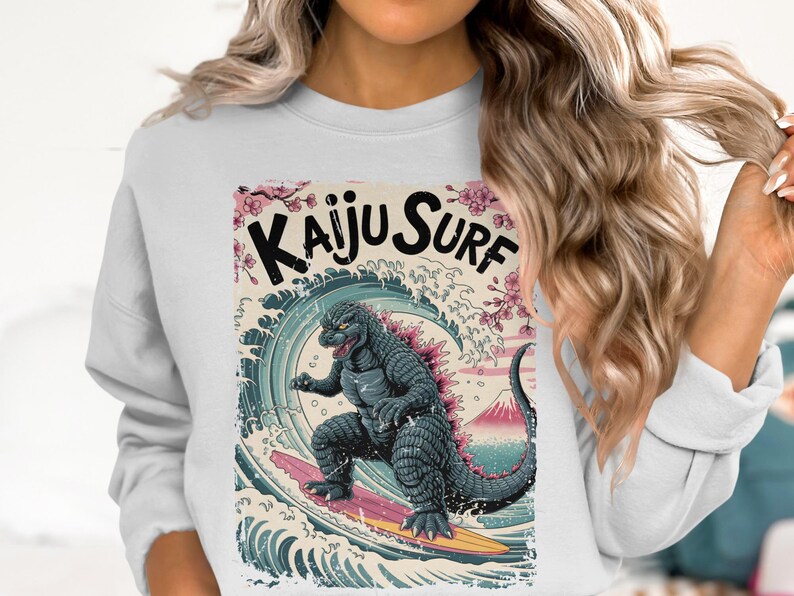 Kaiju Surf Sweatshirt, Surfing Monster Sweater, Retro Japanese Art Pullover, Cool Graphic Top, Unique Gift for Surf Enthusiasts