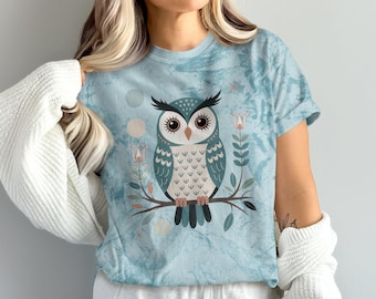 Owl Scandinavian Folk Art T-Shirt, Woodland Animal Tee, Cottagecore Shirt, Unique Owl Lover Gift, Adorable Owl Graphic Tee