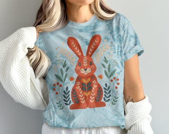 Cute Bunny Scandinavian Folk Art Cottagecore T-Shirt, Floral Bunny Print Tee, Women's Graphic T-Shirt, Spring Rabbit Shirt, Scandi Art