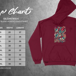 Floral Pattern Hoodie, Cozy Sweatshirt with Size Chart, Gildan 18500 Pullover, Unisex Hooded Top, Casual Wear, Eco Friendly Fabric