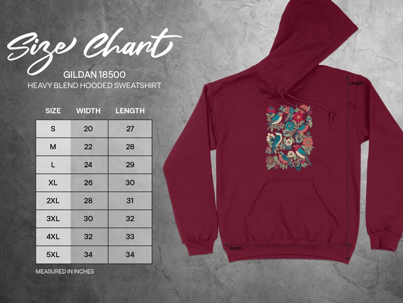 Floral Pattern Hoodie, Cozy Sweatshirt with Size Chart, Gildan 18500 Pullover, Unisex Hooded Top, Casual Wear, Eco Friendly Fabric