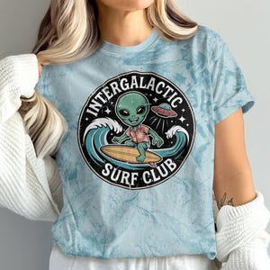 Intergalactic Surf Club T-Shirts, Alien Surfer Design, Outer Space Apparel, Retro Surfing, Funny Alien Gift, Surf Lover Tees