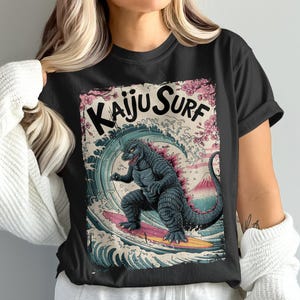 Kaiju Surf Graphic Tee, Retro Style Monster Surfing Shirt, Vintage Japanese Wave Art T-shirt, Cool Novelty Graphic Top