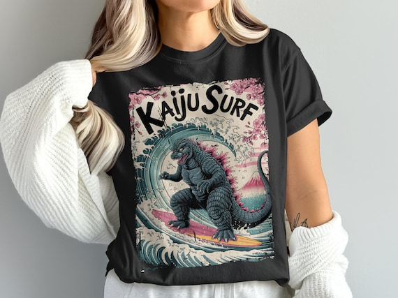 Kaiju Surfing T-Shirt, Godzilla Surfer Tee, Japanese Monster T Shirt, Cool Graphic Tee, Trendy TShirt, Gift for Monster Fans, Surf Apparel