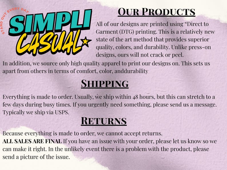 Simpli Casual Custom Printed Apparel, Direct To Garment Printing, High Quality Durable Designs, Fast Shipping, No Returns