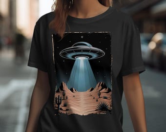 UFO T-Shirt, Alien Abduction Tee, Desert Scene Shirt, Sci-Fi Apparel, Vintage Style Gift, Retro Flying Saucer Top, Space Lover Present