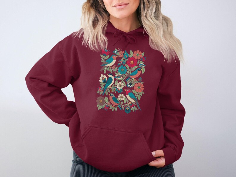 Cozy maroon hoodie, vibrant floral and bird pattern, perfect gift for her, stylish casual wear, comfortable and trendy design