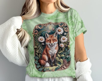 T-shirt vos en bloem, grafisch T-shirt bosvos, shirt botanische vos, bosdier T-shirt, cadeau natuurliefhebber, illustratie schattige vos
