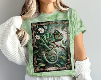 Colorful Garden Chameleon Graphic, Nature-Inspired T-Shirt, Wildlife Art Tee, Detailed Chameleon Illustration, Perfect for Nature Lovers