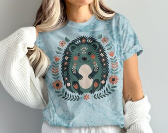 Scandinavian Folk Art Cottagecore Cute Hedgehog T-Shirt, Animal Lover Shirt, Adorable Graphic Tee, Hedgehog Gift Idea, Scandi Art