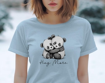 Niedliches Panda-Bärn-Umarmungs-Grafik-T-Stück, entzückender Panda-Entwurf auf schwarzem T-Shirt, Tierliebhaber-Geschenk, niedliches Panda-Hemd, Panda-Bär-Ware