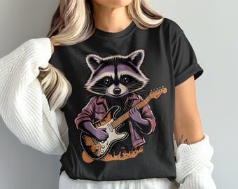 Maglietta con chitarrista procione, maglietta con animale divertente, regalo per gli amanti della musica, maglietta rock and roll con procione, maglietta con simpatico personaggio dei cartoni animati