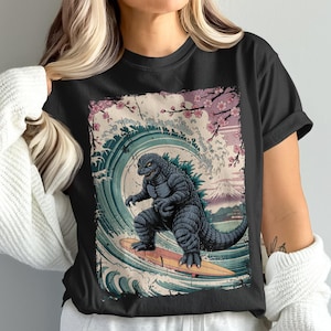 Godzilla Surfing T-Shirt, Japanese Wave Art Tee, Kaiju Gift, Monster T-Shirt, Cool Graphic T-Shirt, Movie Fan Apparel
