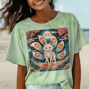 Kitsune Fox T-Shirt, Mythical Creature Art, Japanese Folklore Fox Tee, Fox Spirit Design, Unique Graphic Tee, Spiritual Animal Shirt