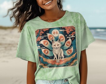 Kitsune Fox T-Shirt, Mythical Creature Art, Japanese Folklore Fox Tee, Fox Spirit Design, Unique Graphic Tee, Spiritual Animal Shirt
