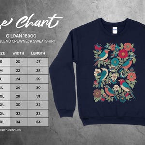 Bird Floral Navy Blue Sweatshirt, Gildan Heavy Blend Crewneck, Colorful Birds and Flowers, Unisex Graphic Pullover Top