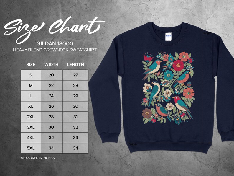 Bird Floral Navy Blue Sweatshirt, Gildan Heavy Blend Crewneck, Colorful Birds and Flowers, Unisex Graphic Pullover Top