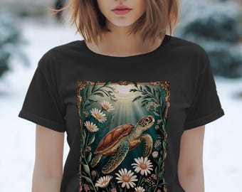 Sea Turtle Art T-Shirt, Turtle and Daisies Tee, Marine Life Graphic Shirt, Nature Wildlife T-Shirt, Unique Animal Art Shirt, Ocean Lover