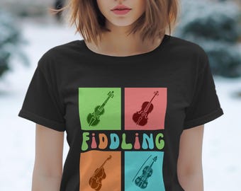 Camiseta vintage para amantes de la música, camiseta con violín, camiseta con estampado de música folclórica, top con estampado retro colorido de violín, regalo único para músicos.