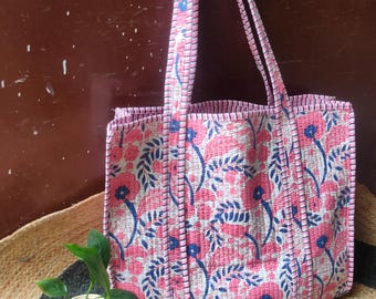 Hand Block Printed Cotton Quilted Tote Bag, Floral Beach Bag
