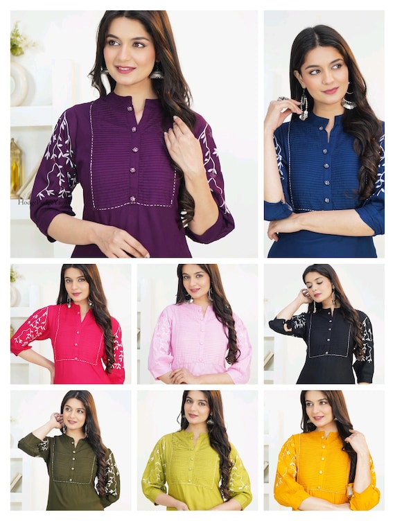 Women’s summer rayon kurti embroidered sleeve tunic casual wear outfit