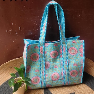 Floral print tote bags Handmade Indian Cotton Quilted Market Bags | Eco-Friendly Tote & Jhola Bags | Perfect Gift for Her
