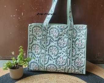 Handmade Quilted Cotton Tote Bag, Reversible Boho Travel Bag