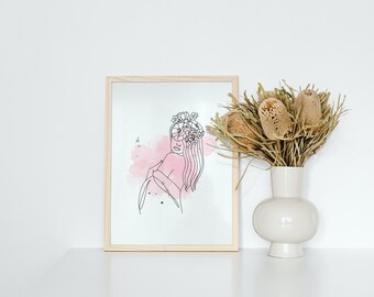 Dibujo de línea minimalista estético - Mujer con flores - Descarga de archivos digitales