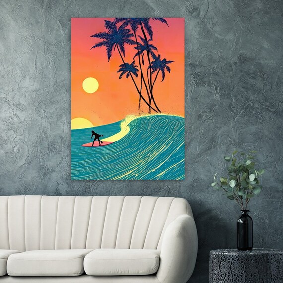 Sunset Waves Bedroom Living Art Pop Retroart Room - Poster Wall Children\'s Room Surfer Etsy Art Surfing