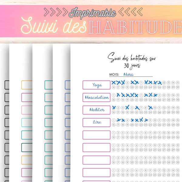 Suivi des habitudes printable mensuel, modèle de suivi des habitudes, suivi de la rutina, défi des 30 jours pour les habitudes