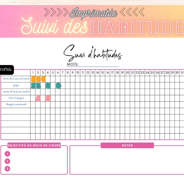 Suivi des habitudes printable mensuel, modèle de suivi des habitudes, suivi de la rutina, défi des 30 jours pour les habitudes