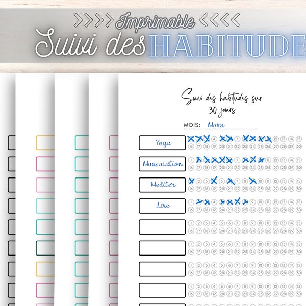 Suivi des habitudes printable mensuel, modèle de suivi des habitudes, suivi de la rutina, défi des 30 jours pour les habitudes