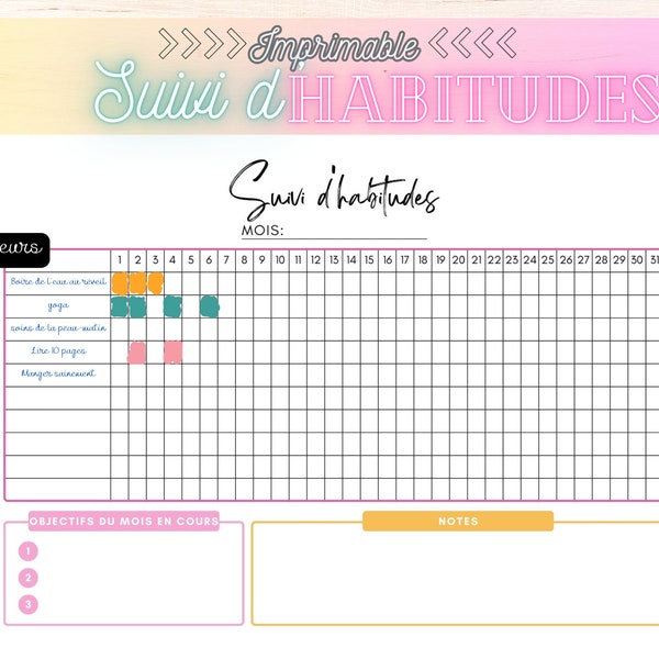 Suivi des habitudes printable mensuel, modèle de suivi des habitudes, suivi de la rutina, défi des 30 jours pour les habitudes