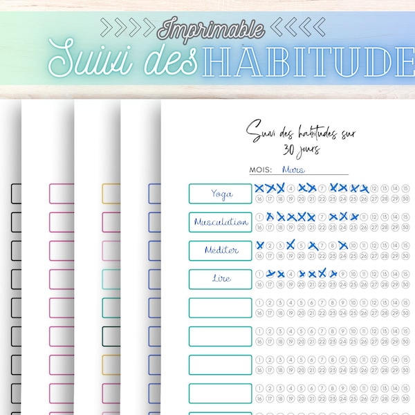 Suivi des habitudes printable mensuel, modèle de suivi des habitudes, suivi de la rutina, défi des 30 jours pour les habitudes