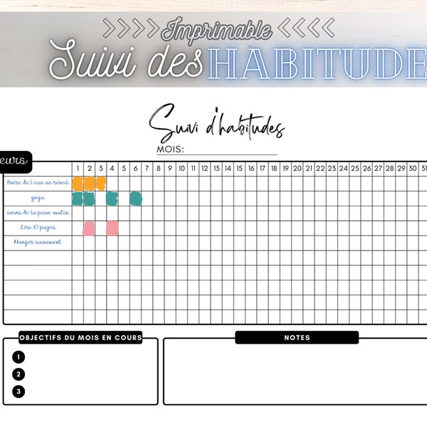 Suivi des habitudes printable mensuel, modèle de suivi des habitudes, suivi de la rutina, défi des 30 jours pour les habitudes