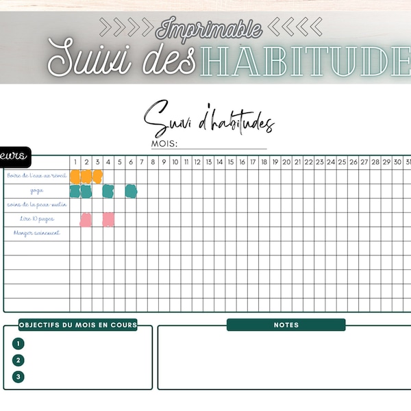 Suivi des habitudes printable mensuel, modèle de suivi des habitudes, suivi de la rutina, défi des 30 jours pour les habitudes