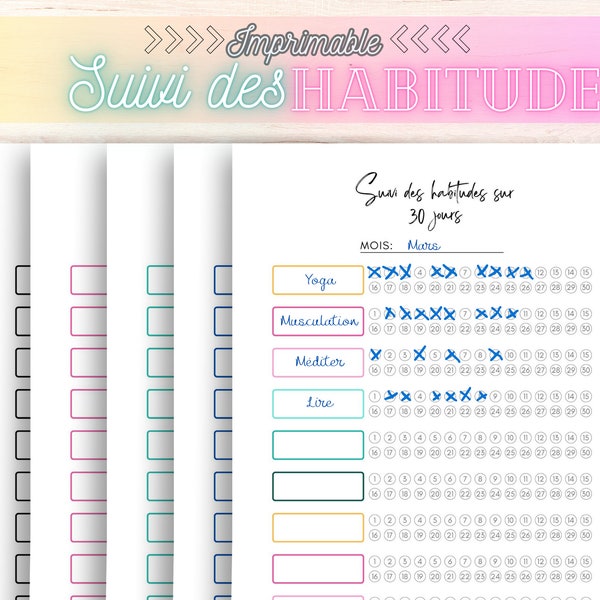 Suivi des habitudes printable mensuel, modèle de suivi des habitudes, suivi de la rutina, défi des 30 jours pour les habitudes